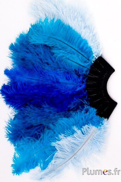 Éventail en plumes d’autruche - 20 plumes, cuir noir - bleu camaïeu